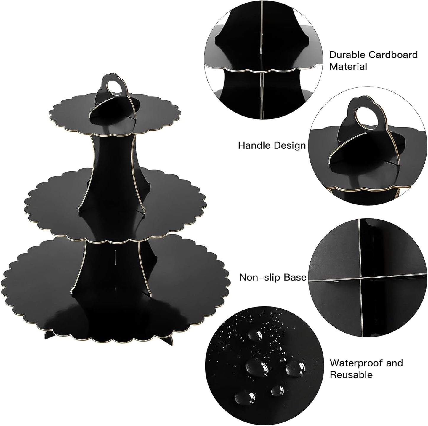 Soleebee 3-Tier Cupcake Stand, Cardboard Cupcake Tower, Dessert Cup Cake Stand Tower for Birthday Wedding Party Decoration, Cupcake Tier Stand 1 Set (Black)