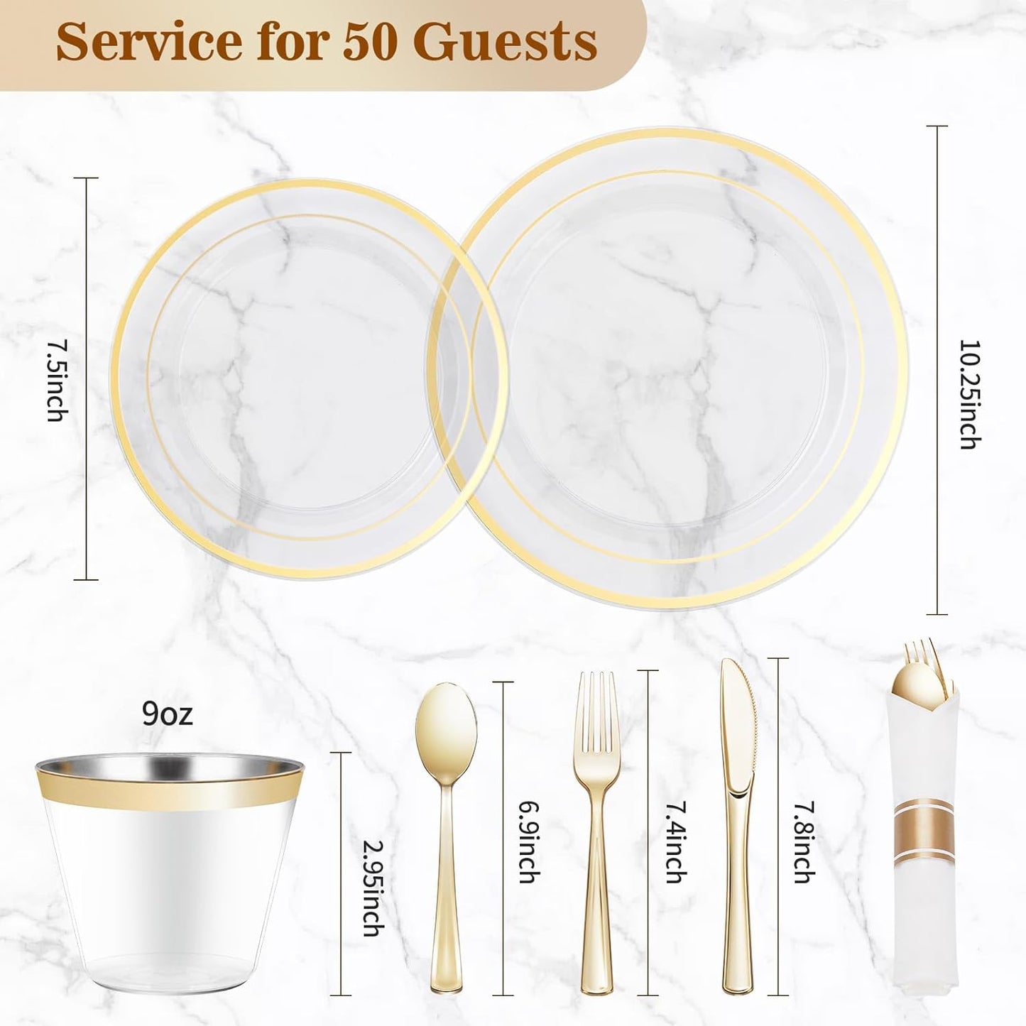BESTVIP 350PCS Gold Plastic Dinnerware Set, Disposable Party Plates for 50 Guests, Include: 100 Plastic Plates, 50 Pre Rolled Napkins with Gold Silverware, 50 Cups