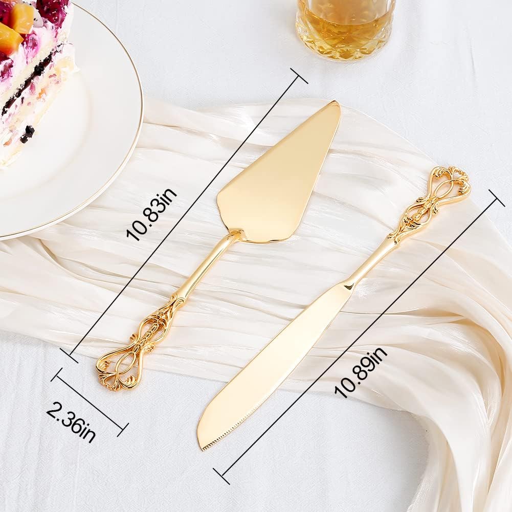 Wedding Cake Knife and Server Set, Personalized Gold Cake Cutting Set for Wedding, Engraved Classic Cake Knives Cutter Set, Pie Server, Birthday Bridal Quinceañera Gift (CUS-Flower)