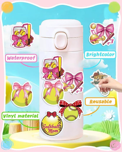 50PCS Pink Coquettte Bows Softball Stickers, Cute Motivational Vinyl Waterproof Stickers for Water Bottles,Helmets, Luggage, Teaching Incentives, Softball Gifts for Girls Kids, Teens and Adults