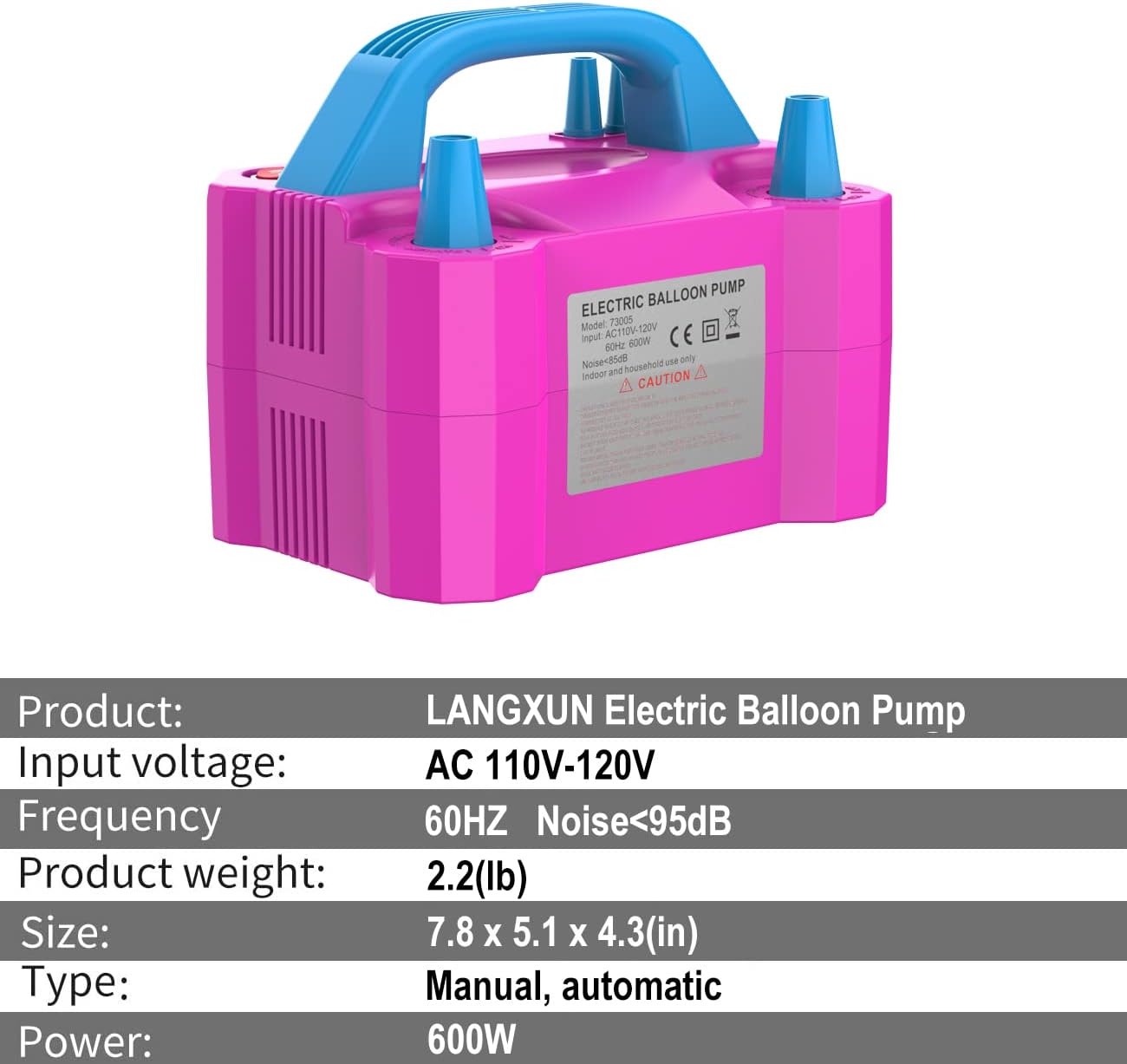 LANGXUN Portable High Power Electric Balloon Pump, Two Nozzle 110V 600W Air Blower Electric Ballon Inflator Pump for Party Latex Balloon Decoration Supplies (Yellow)
