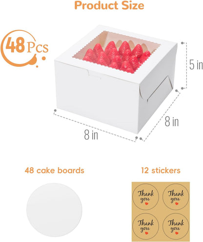 4pcs 6 Inch Cake Boxes with Sticks and Boards for Cookies, Small Cakes, Mini Desserts, Bento, and Bakery, Cupcake Box for Birthday, Party, Wedding, Mother's Day, Christmas（6x6x5 inch）