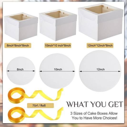 Teenyyou 48 Pcs Cake Boxes with Boards 24 Baking Boxes with Window 24 Cake Boards 2 Rolls Silk Ribbon Large Square Baking Storage in 3 Sizes 12x12x8, 10x10x8, 8x8x8 Inch Disposable Dessert Containers