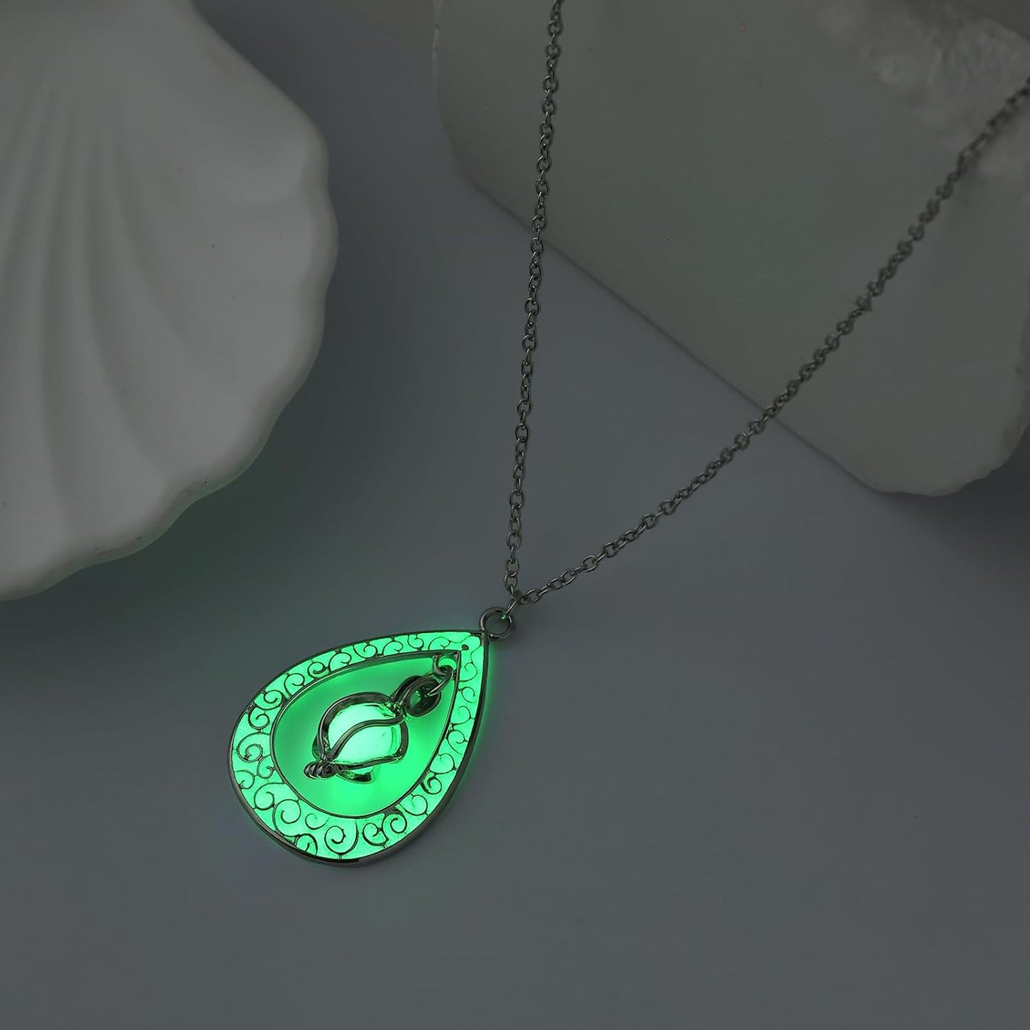 EEQQBZ Glow in The Dark Silver Teardrop shape necklace,Fantasy Glowing Jewelry Charm
