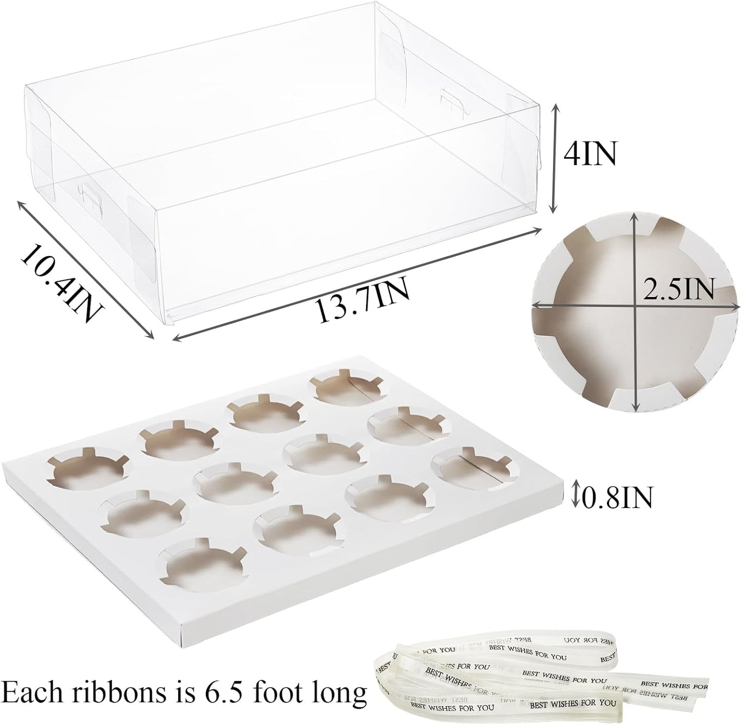Cedilis 12 Pack Clear Cupcake Boxes, 12 Count Cupcake Containers with Gift Ribbon, Plastic Cupcake Carrier Holder for Cookies, Muffins, Bakeries
