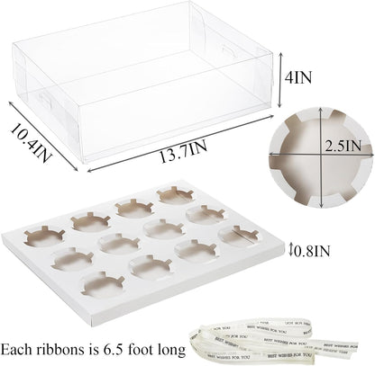 Cedilis 12 Pack Clear Cupcake Boxes, 12 Count Cupcake Containers with Gift Ribbon, Plastic Cupcake Carrier Holder for Cookies, Muffins, Bakeries