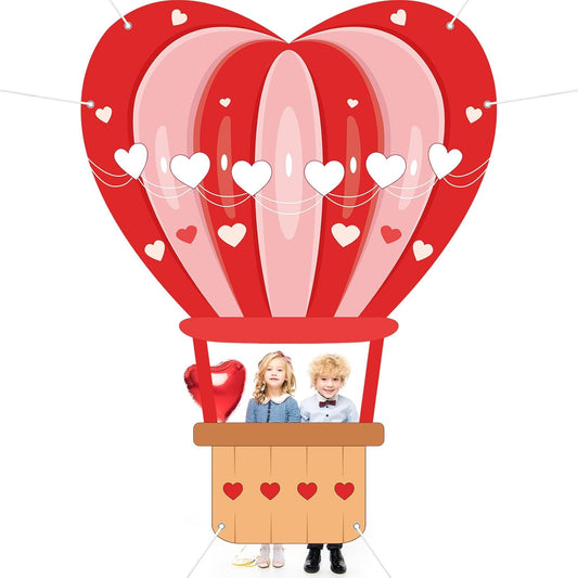 Valentine's Day Photo Booth Prop Hot Air Balloon Heart Shaped Backdrop Decorations Valentines Selfie Frame Banner Background for Classroom Kids Girls Wedding Party Supplies