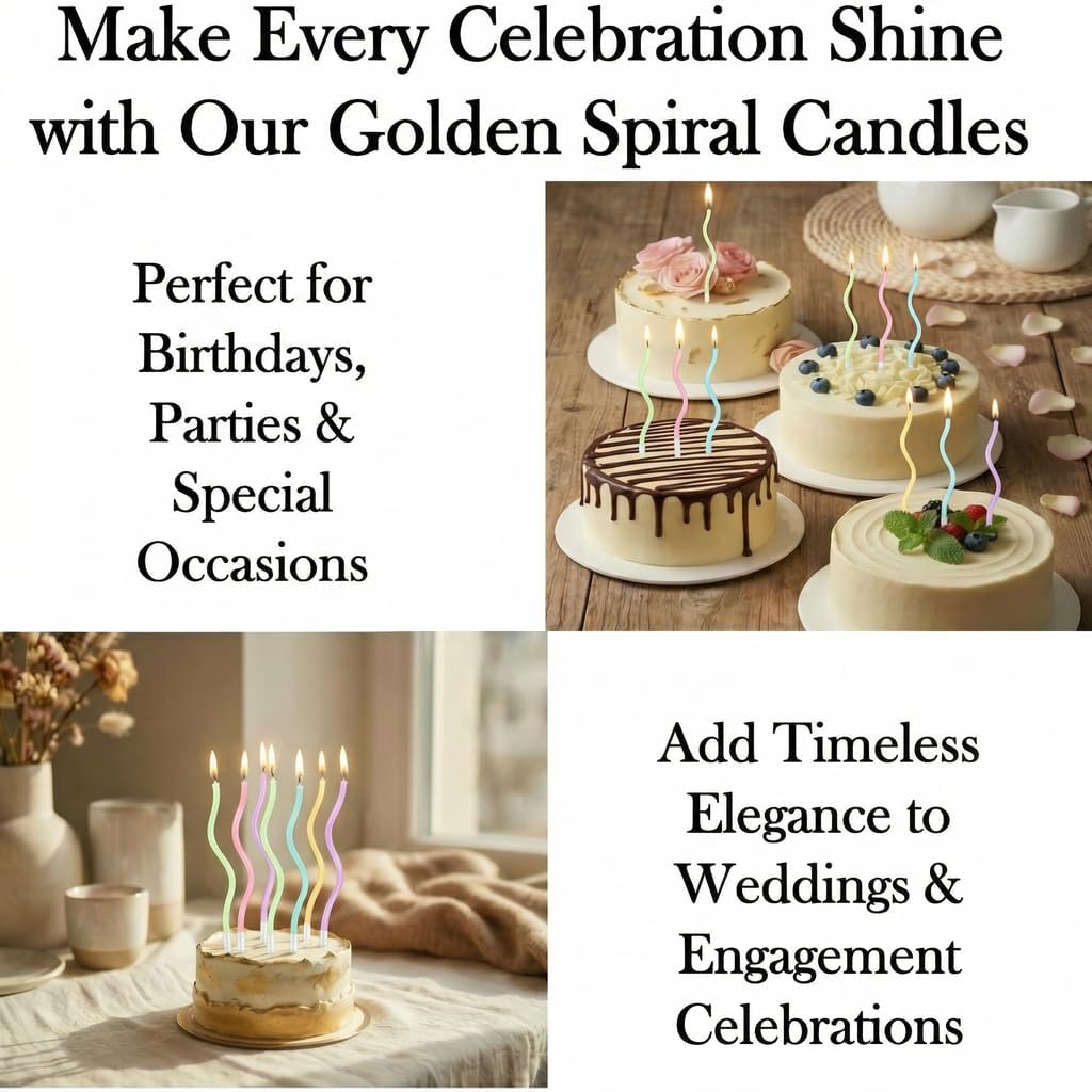 12-Count Spiral Birthday Candles, Long Twisty Gold Party Candles with Candle Holders, Long Burning for Weddings, Birthdays, Party Decorations, Cupcakes, Anniversary and Meetups (Gold)