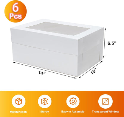 Wowxyz 14x10x4 Cake Boxes 6pcs Rectangle Quarter Sheet 1/4 Sheet Bakery Boxes with Window - Donuts, Pastry Baking Cake, Pie White Cardboard Treat Packaging