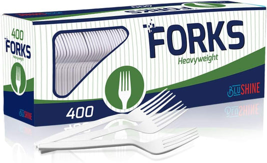 BluShine 400 Pack Extra Heavyweight Disposable White Plastic Forks - Heavy Duty White Cutlery-Utensils, Parties, Dinners, Catering Services, Family Gatherings