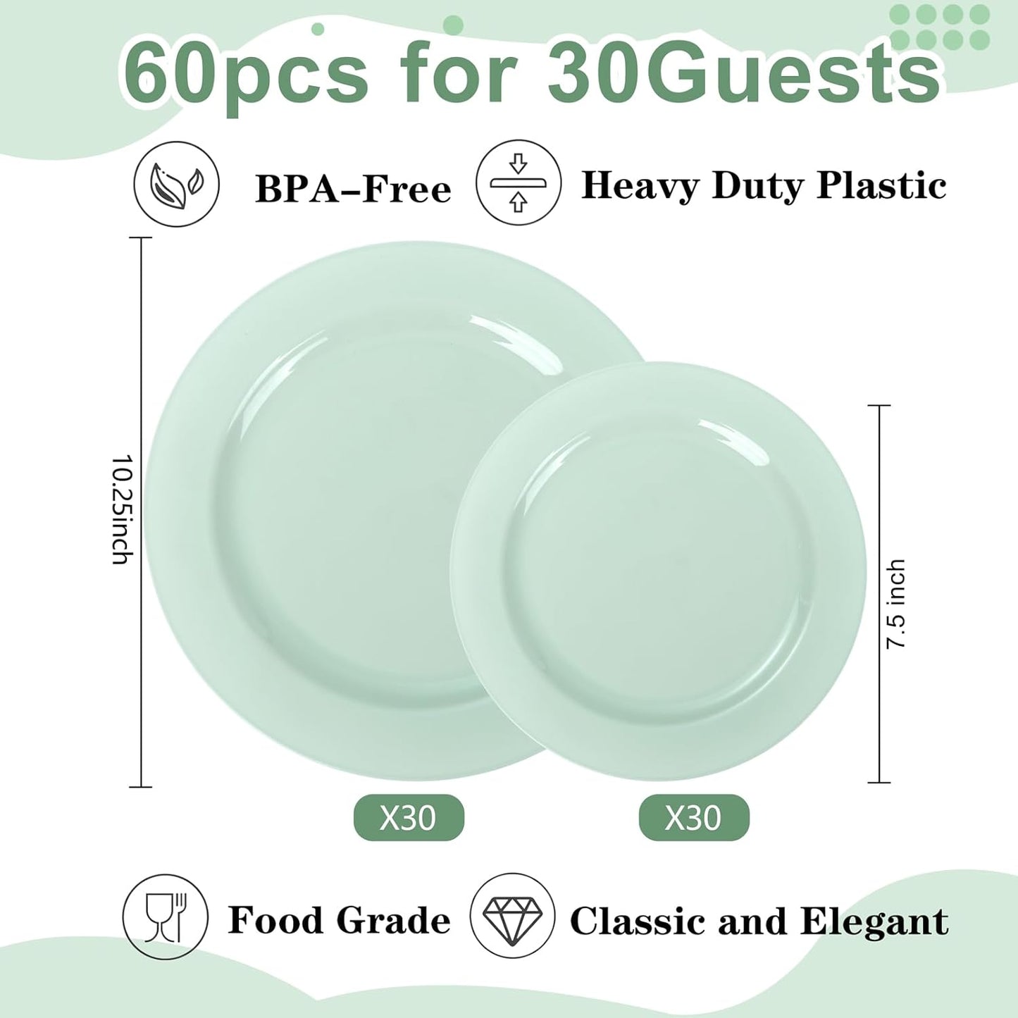FLOWERCAT 60PCS White Plastic Plates - Heavy Duty White Disposable Plates for Mother's Day/Birthday Party/Wedding -serve for 30 guests Include 30PCS 10.25" & 30PCS 7.5" Plates for Party