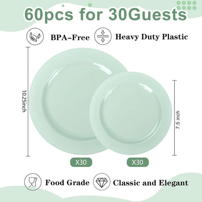 FLOWERCAT 60PCS White Plastic Plates - Heavy Duty White Disposable Plates for Mother's Day/Birthday Party/Wedding -serve for 30 guests Include 30PCS 10.25" & 30PCS 7.5" Plates for Party