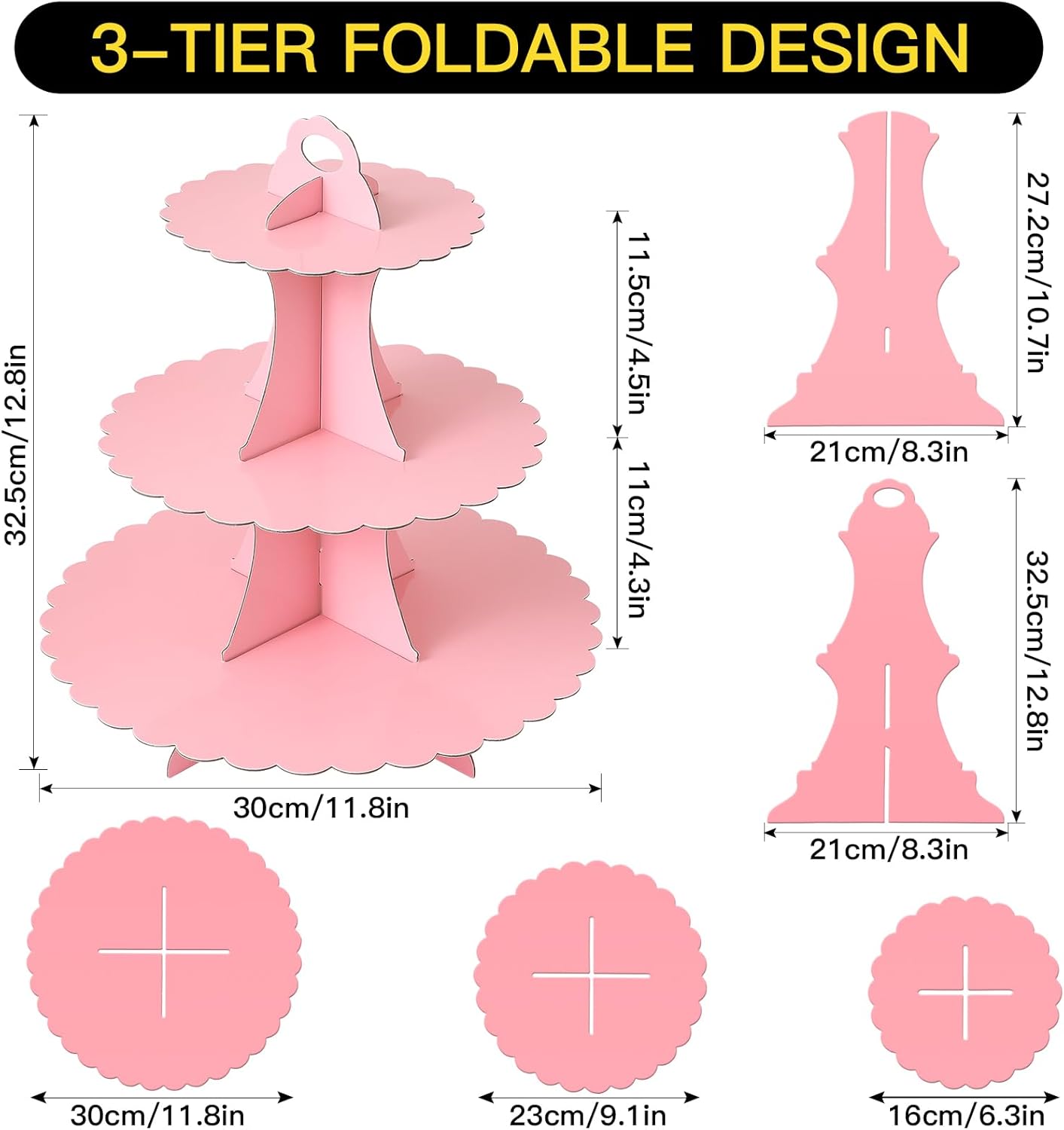 Soleebee 3-Tier Cupcake Stand, Cardboard Cupcake Tower, Dessert Cup Cake Stand Tower for Birthday Wedding Party Decoration, Cupcake Tier Stand 1 Set (Black)