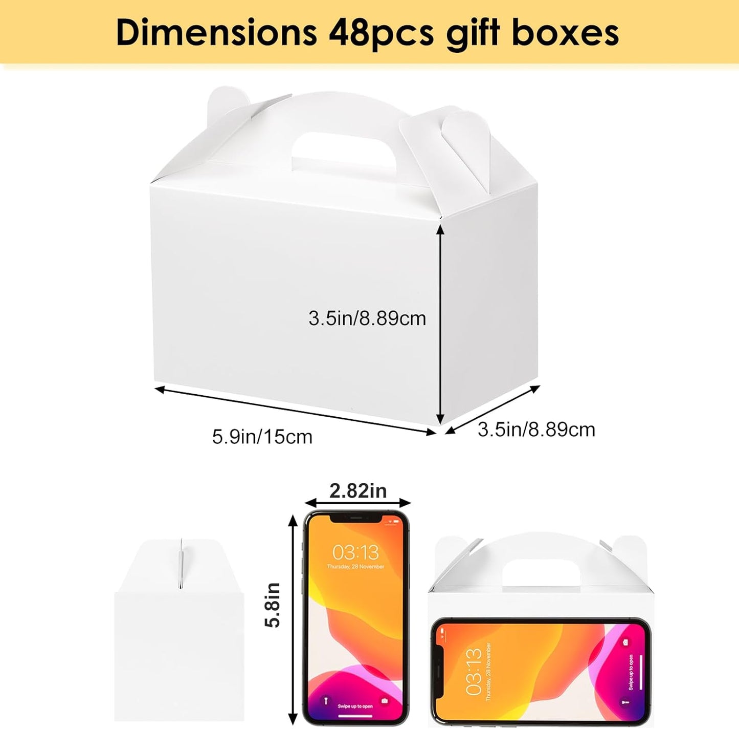 Moretoes 48 Pack White Party Favor Treat Boxes, Gable Gift Boxes with Handles, Candy Boxes for Birthday, Wedding, Baby Shower, Holiday