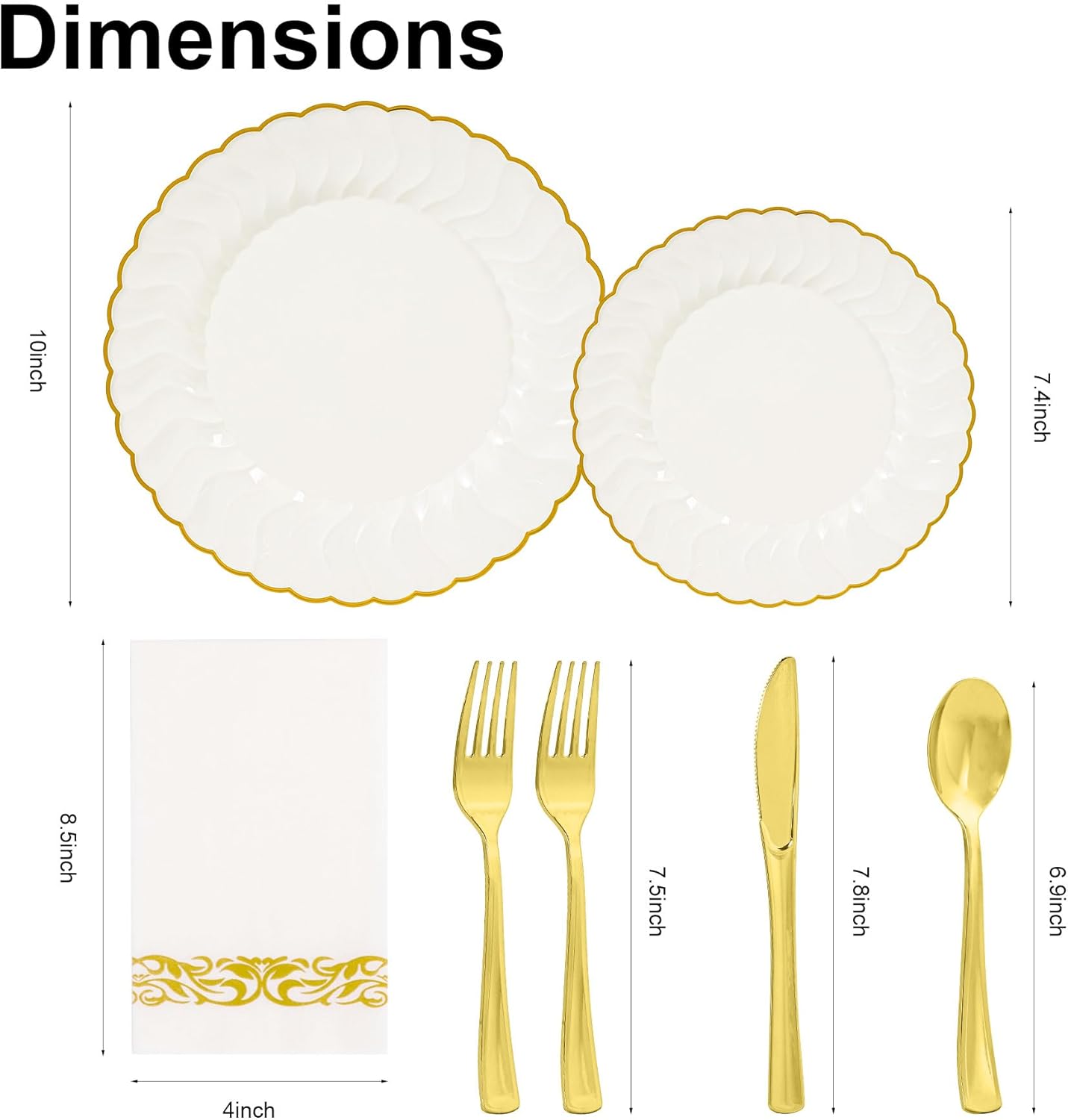 Lullaby 60PCS Ivory Scalloped Plastic Plates with Gold Rim, Disposable Elegant Plates Include 30pcs Dinner Plate 10.25", 30pcs Plastic Dessert Plate 7.5", Perfect for Wedding and Party