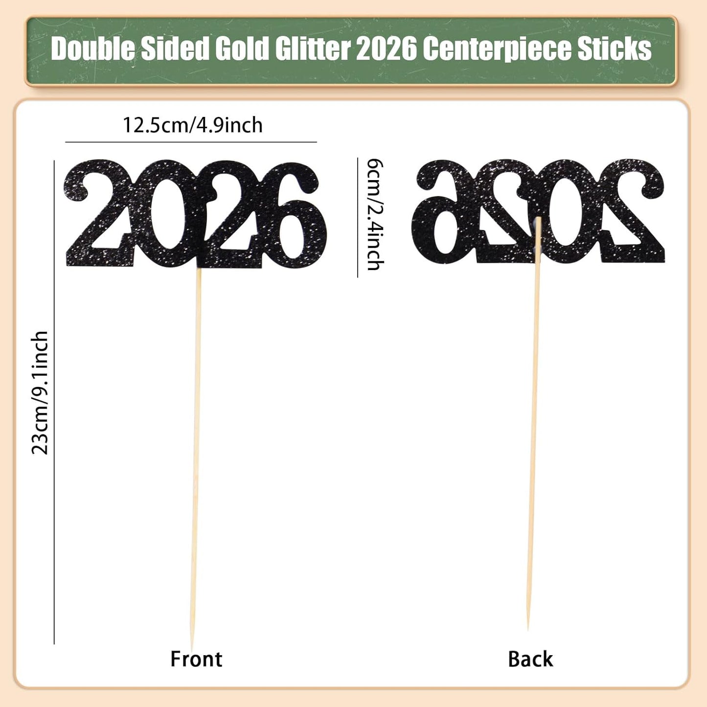 12 Pieces Glitter 2026 Centerpiece Sticks Black Double Sided 2026 Graduation Party Sticks 2026 Floral Picks Table Centerpiece Topper for 2026 Graduation New Year Party Decoration Supplies,4.9x9.1"