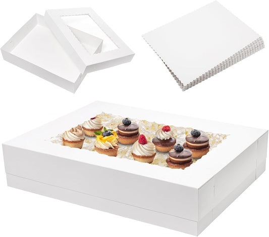 Mefleet 6pcs 19x14x5 Half Sheet Cake Boxes with 6pcs Cake Boards Rectangle 1/2 Sheet Bakery Boxes with Window for Pastry Baking Cake, Cupcakes, Donuts, Cookies, Pie Treat Packaging White Large