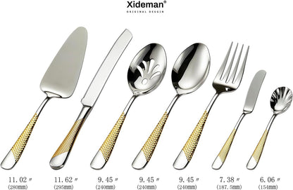 Xideman® 7-Piece Hammered 18/10 Stainless Steel Silverware Serving Utensil Set - Hostess Flatware with Cake Knife & Cake Server (Champagne Gold)