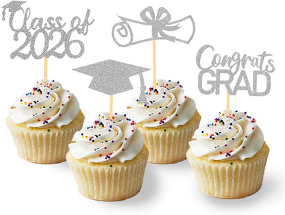 2026 Graduation Theme Cupcake Toppers Glitter Class of 2026 Graduation Cap Diploma Cupcake Picks - Set of 24 (Gold)