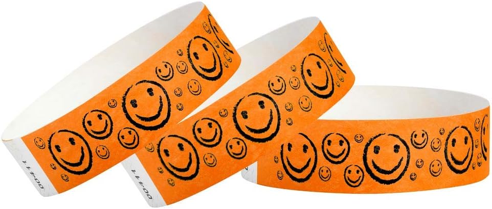 500 WristCo Yellow Smiley Face Tyvek Wristbands for Events - ¾” x 10” - Waterproof Recyclable Comfortable Tear Resistant Paper Bracelets Wrist Bands for Concerts Festivals Admission Party