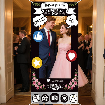 WADORN Social Media Photo Frame Props for Party Decor, 5.9x2.9ft Booth Selfie Frame with Emoji Speech Bubble Photo Door Backdrop Props Decor Large Fabric Photography Background Party Supplies