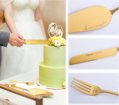 Wedding Cake Knife and Server Set with Forks, Engraved Cake Cutting Set for Wedding Anniversary Christmas Engagement（Gold