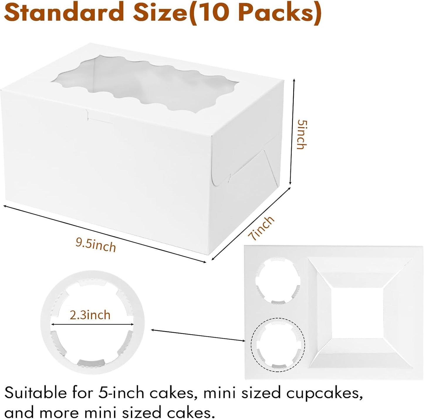 10 Packs Bento Cake and Cupcake Box 3 Holes Fit 2 Cupcakes and 1 Mini Cake Box with Clear Window and Stickers for Cake Cupcake Cookie or Easter and Mother’Day. (1+2/10pcs)