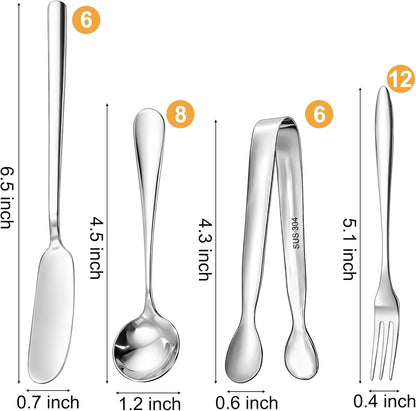 32 Pieces Cheese Butter Spreader Knives Set, Charcuterie Accessories Stainless Steel Cheese Spreader Knives, Mini Serving Tongs, Spoons and Forks for Butter Cheese Jam Appetizer Pastry Making
