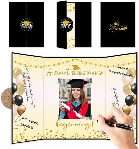 2026 Graduation Party Decorations - Pink The Adventure Begins - Class Of 2026 Grad Guest Book, Signature Board With 6 Photo DIY Sticker, Graduation Gifts For Him Her Party Favors & Supplies - A13