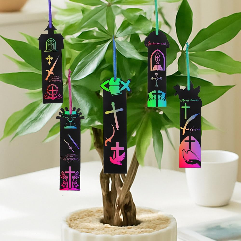 Christian Rainbow Scratch Bookmarks,Easter Basket Stuffers,Party Favors 60 Ribbons 30 Bamboo Stylus Bible Art Crafts Sunday School Crafts Christmas Scratch Off Cards Religious Gifts