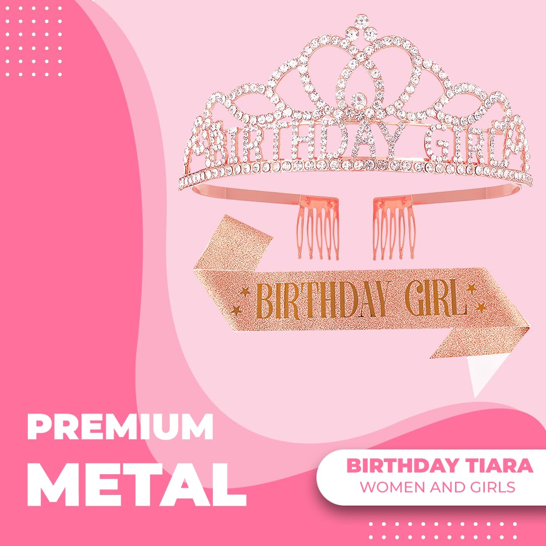 Birthday Tiara Crown with Sash for Women, Headband Hair Accessories for Wedding Party Costume