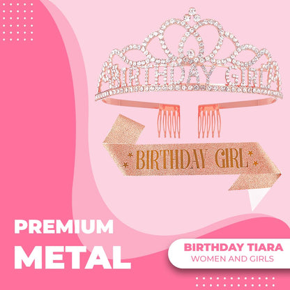 Birthday Tiara Crown with Sash for Women, Headband Hair Accessories for Wedding Party Costume