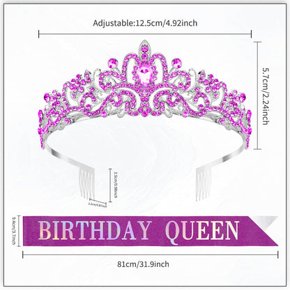 Birthday Sash for Women,Birthday Crown Tiaras for Women,Gold Rhinestone Queen Sash and Crown Tiara Headband for Party Decorations