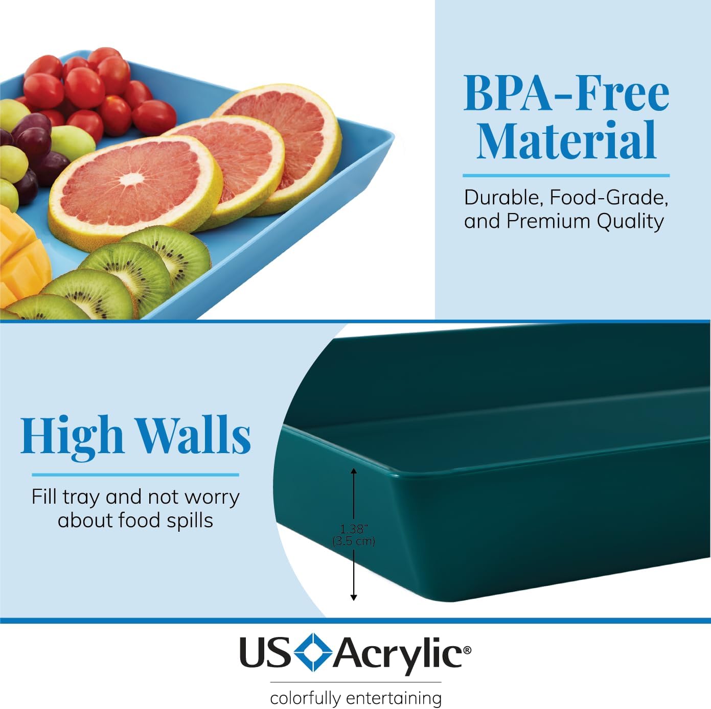 US Acrylic White Plastic Serving Trays (Set of 4) 15” x 10” | Large Unbreakable Reusable Rectangular Party Platters | Serve Appetizers, Fruit, Veggies, & Desserts | BPA-Free & Made in USA