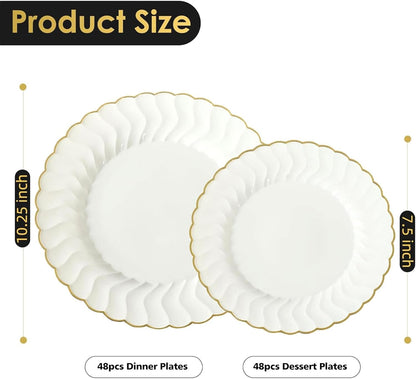 Lullaby 60PCS Ivory Scalloped Plastic Plates with Gold Rim, Disposable Elegant Plates Include 30pcs Dinner Plate 10.25", 30pcs Plastic Dessert Plate 7.5", Perfect for Wedding and Party