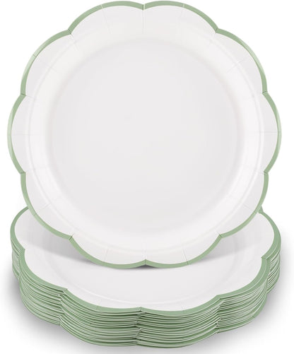 NatNarr 30 Pcs Sage Green Paper Plates, 7 Inch Scalloped Paper Plates Small Dessert Cake Plate Cute Party Plate Disposable Sage Greens Party Supplies for Wedding, Baby Bridal Shower, Birthday