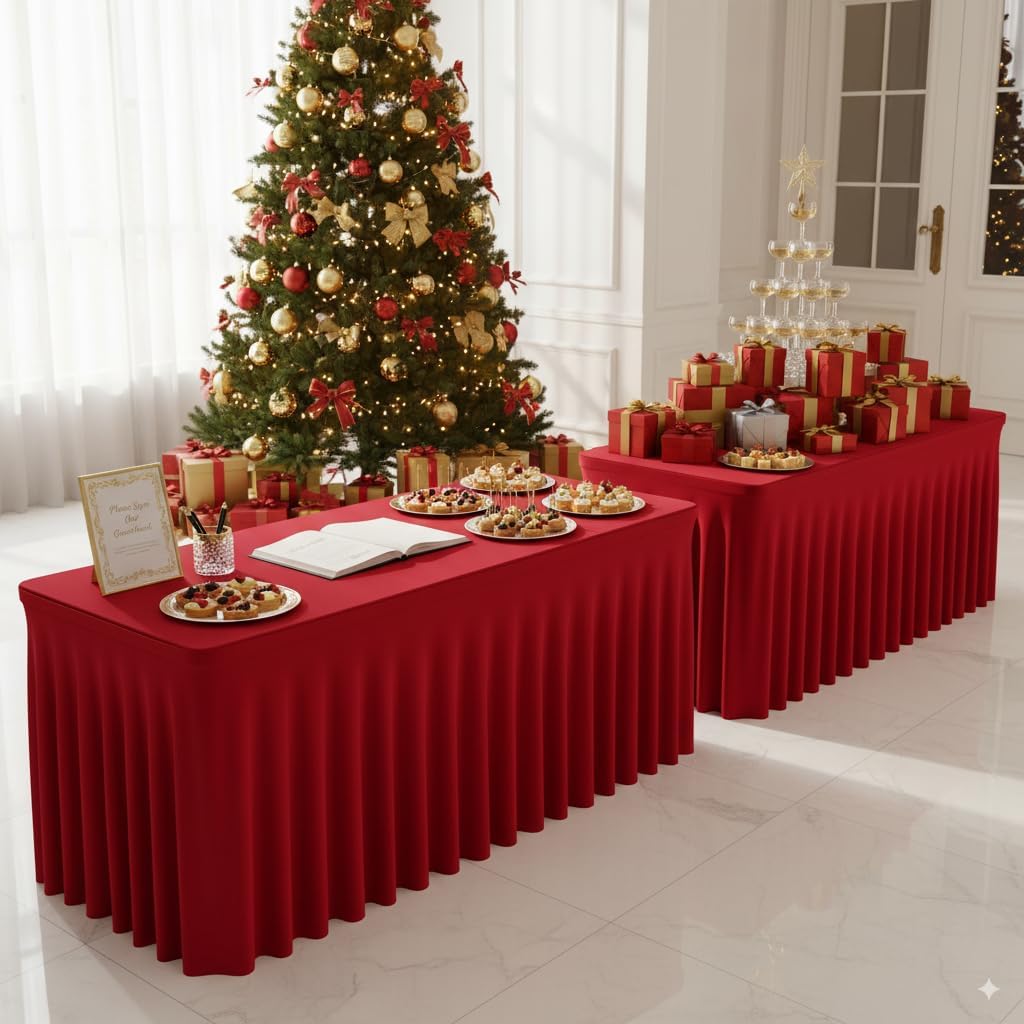 HolidayIdeas 2 Pack Spandex Table Skirt for 6 Ft Rectangle Tables, Black Fitted Stretch Tablecloth 30 x 72 Inch, Wrinkle Resistant Ruffle Design for Wedding Banquets, Trade Shows, Parties