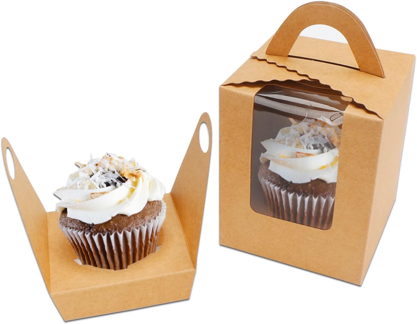 EUSOAR Gold Cupcake Boxes, 25pcs 3.6"x 3.6"x 4.3" Single Cupcake Carrier with Window Insert and Handle, Kraft Pastry Containers, Muffins Cupcake Carriers for Bakery Wrapping Party Favor Packing