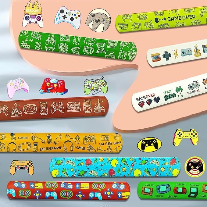 74PCS Video Game Party Favor 50PCS Video Party Stickers&24PCS Slap Bracelets Game Supplies Team Gift Filler