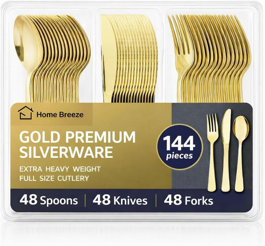 144 Pack Gold Premium Heavy Duty Plastic Silverware, 48 Forks, 48 Spoons, 48 Knives, For Catering, Parties, Dinners and Weddings, BPA-Free, Disposable Plastic Cutlery Set Utensils Set