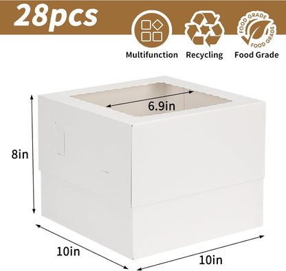 Moretoes 20pcs Cake Boxes, 10x10x8 Inches Tall Cake Box with Window, White Bakery Box, Large Baking Boxes with Window for Valentine's Day, Mother's Day, Pastries, Pies, Desserts