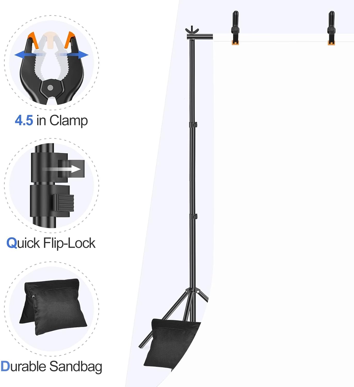 EMART Backdrop Stand 10x7ft(WxH) Photo Studio Adjustable Background Stand Support kit with 2 Crossbars, 8 Clamps, 2 Sandbags and Carry Bag for Parties, Events Decoration, Wedding, Photography -White