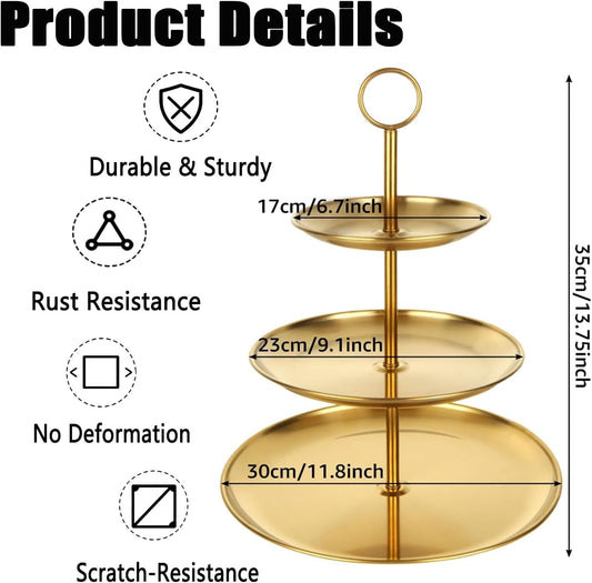 QTLCOHD 2Pcs 3 Tier Stainless Steel Cupcake Stand - Gold Tiered Dessert Stand for Wedding & Birthday Party