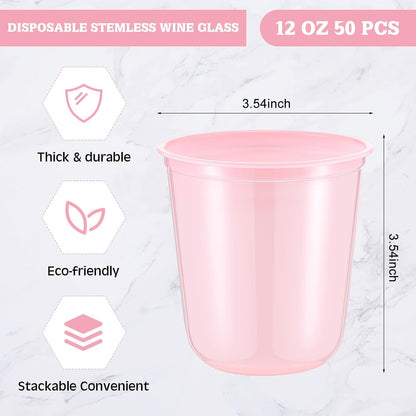 Ziliny 50 Pcs Disposable Stemless Glasses 12oz Crystal Plastic Wine Glasses Clear Classic Pet Cup for Meeting Weddings Birthdays Cocktail Christmas Party Supplies (Pink)