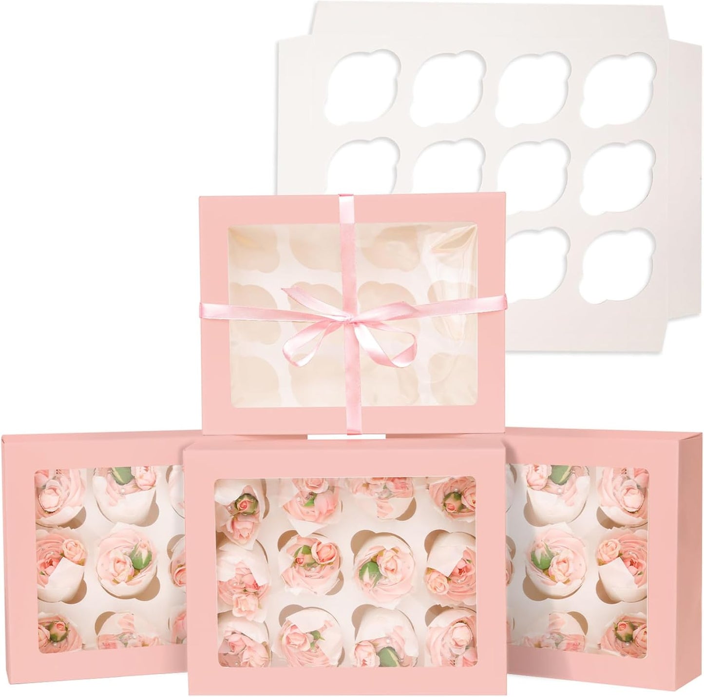 Bakepacker Auto-pop Up Cupcake Boxes with Window White 20PCS 12 Count Cupcake Box 13"x10"x3.5" Cupcakes Carrier, 12 Cupcake Containers with rolls of pink ribbons