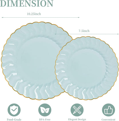 Lullaby 60PCS Ivory Scalloped Plastic Plates with Gold Rim, Disposable Elegant Plates Include 30pcs Dinner Plate 10.25", 30pcs Plastic Dessert Plate 7.5", Perfect for Wedding and Party