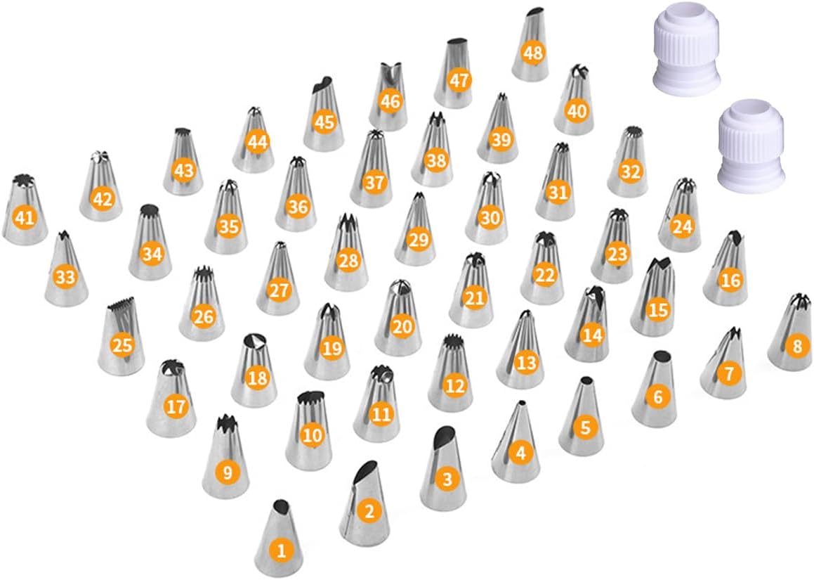 48 Pcs Cake Decorating Piping Tip Set with 2 Couplers – Round, Star, Petal & Leaf Tips for Buttercream & Royal Icing Designs