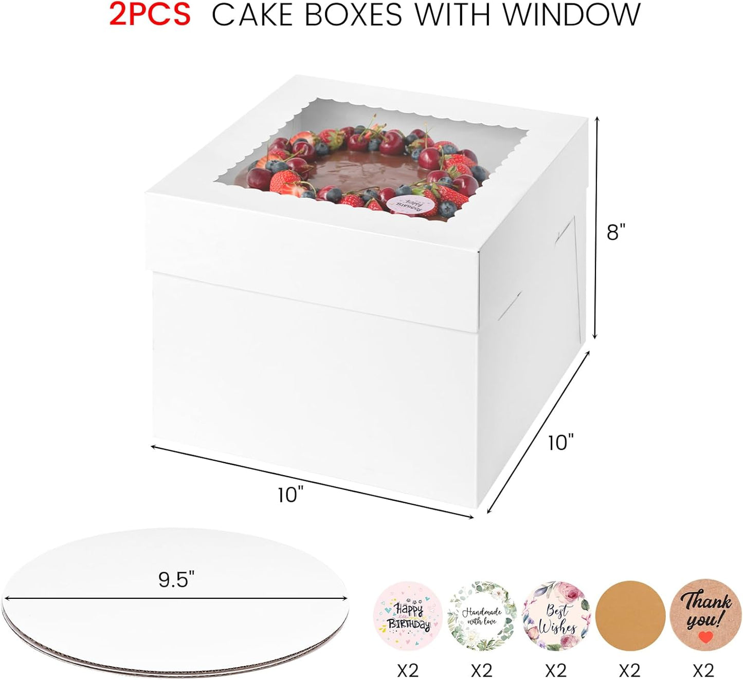 VGOODALL 2 Pack Cake Boxes, 10x10x8 Inches Cake Containers with Window, White Bakery Boxes with Lids for Donuts, Pies, Cookies,Birthday Party Wedding