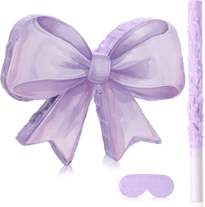 Threan Bow Piñata Bow Party Piñata with Bat Stick Blindfold Mask Coquette Birthday Centerpieces Decorations for Bridal Shower Wedding Anniversary Engagement Supplies (Purple)