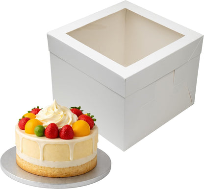 12 inches White Cake Box with Cake Board, 1/2 inch Thick Silver Cake Drum Set, Square Bakery Box with Window Lid and Cake Board Combo, Disposable Container for Bakery (12x12x8“)